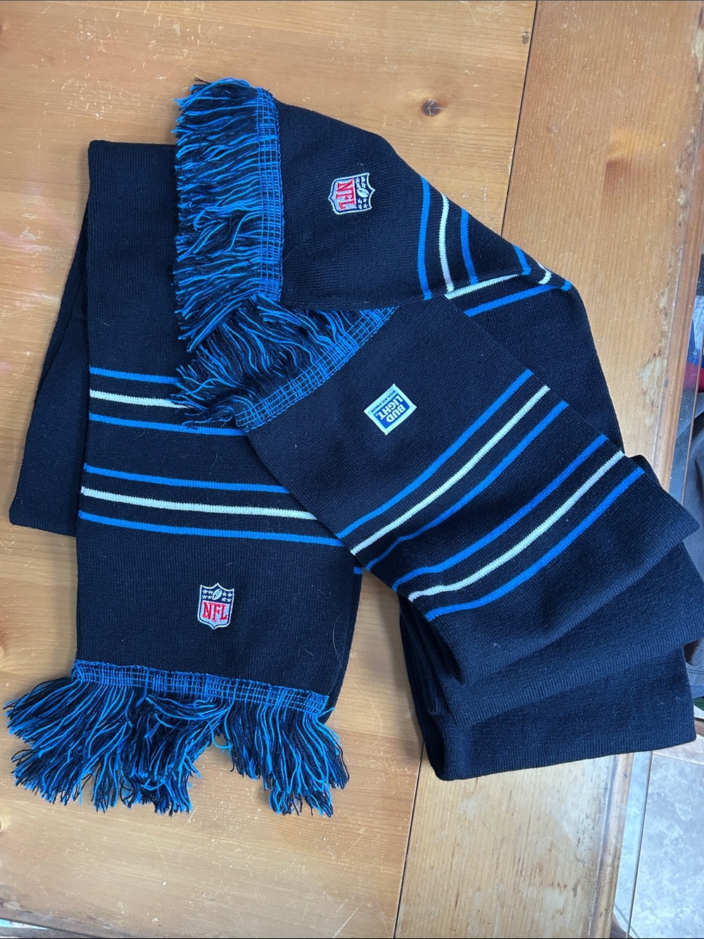 2 NFL Black Scarves with Blue and Light Blue Stripes